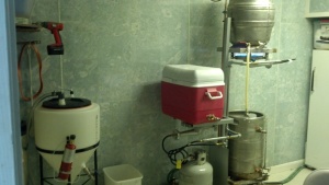 Chuck's conical fermenter to the left and frame system to the right